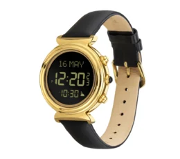 ساعة الفجر النسائية دائري هيكل ستانلس ستيل سوار جلدي لون ذهبي - Alfajr Lady Watch Round Stainless Steel Watch and Leather Band Gold Color